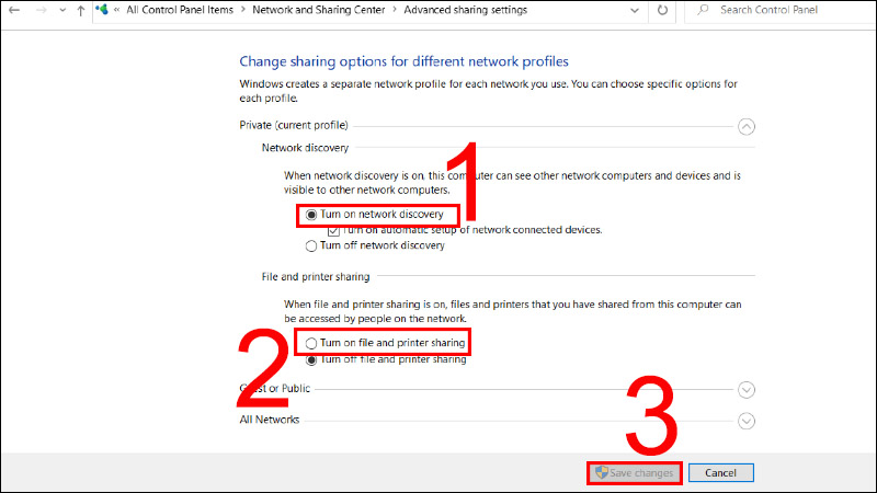 Kích hoạt lại chế độ Turn on network discovery và Turn on file and printer sharing Kích hoạt lại chế độ Turn on network discovery và Turn on file and printer sharing